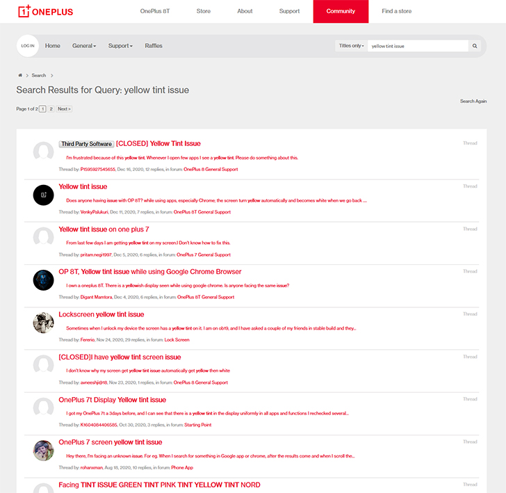 Проблема с желтым оттенком на форумах сообщества OnePlus