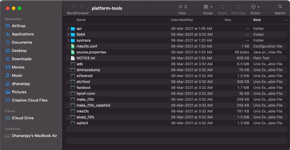Папка Platform-Tools, содержащая двоичные файлы ADB и Fastboot на компьютере с macOS / Linux