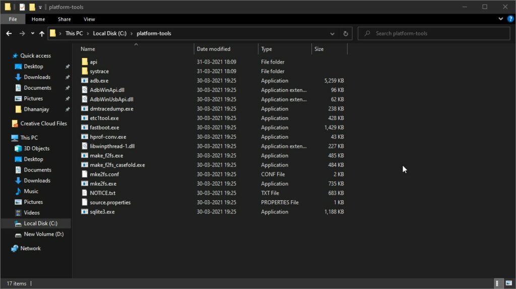 Папка Platform-Tools, содержащая двоичные файлы ADB и Fastboot на компьютере с Windows