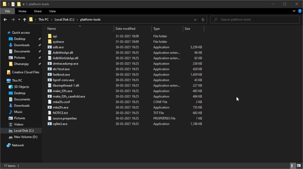 Platform-Tools folder containing ADB and Fastboot binaries on Windows computer