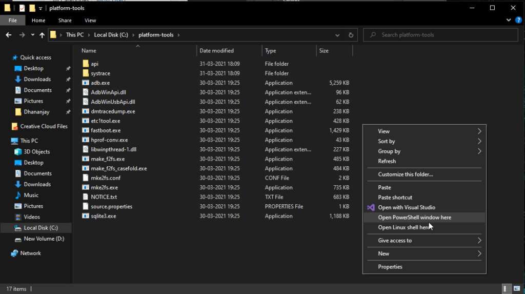 Open ADB/Fastboot Command Window inside Platform-Tools folder on Windows