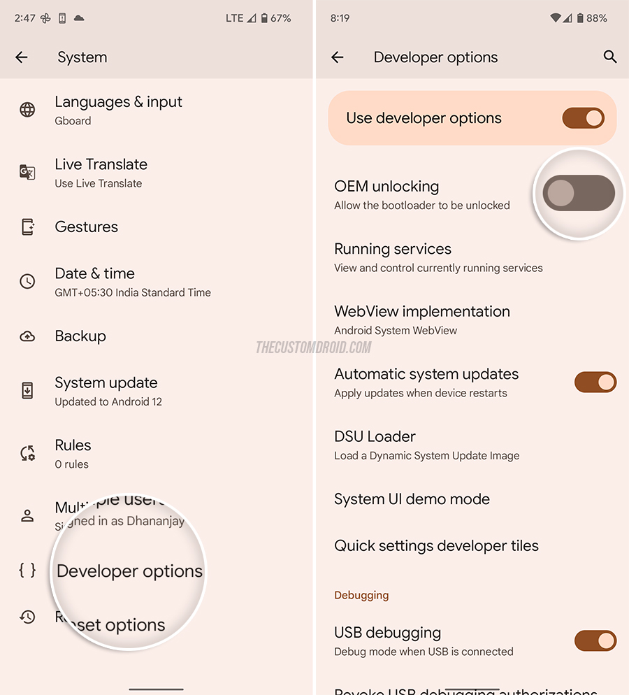 Turn ON the OEM Unlocking switch on Google Pixel