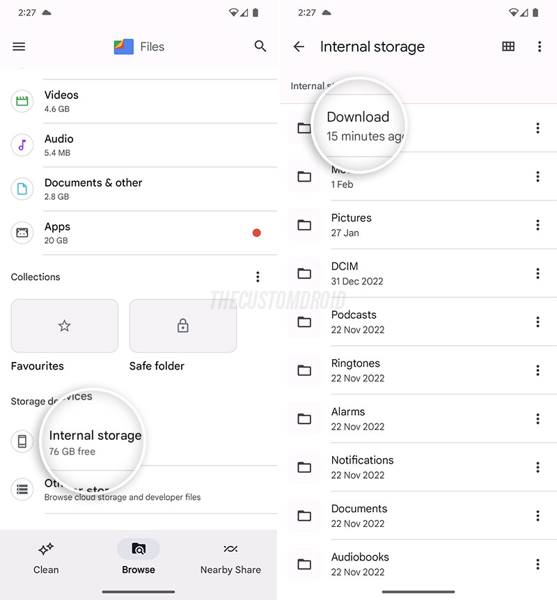 Navigate to your Google Pixel's internal storage using the Files app